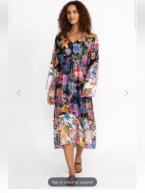 Johnny Was Neon Jungle Mix Black Floral Tiered Midi Dress